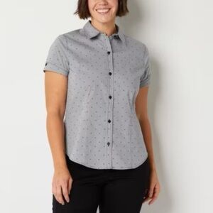 Liz Claiborne Gray Short Sleeve Button Down Black Check Dot Shirt NWT